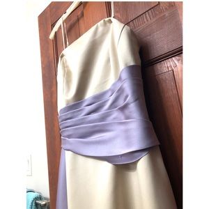 Cream bridesmaid dress purple sash